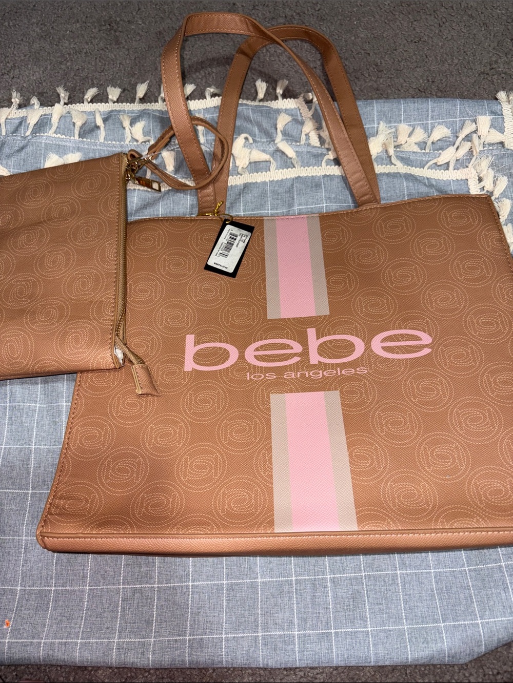 bebe Brown Tote with Pink Stripe Accent
